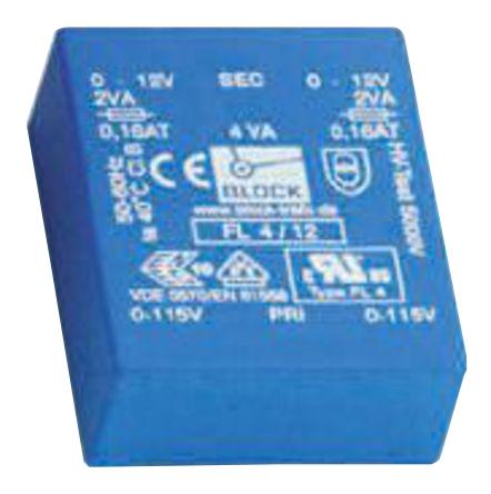 Block Printtrafo, Trafo 115V ac, 230V ac / 6V ac 4VA 2 Ausg. 53mm x 19.6mm x 44mm 145g Durchsteckmontage