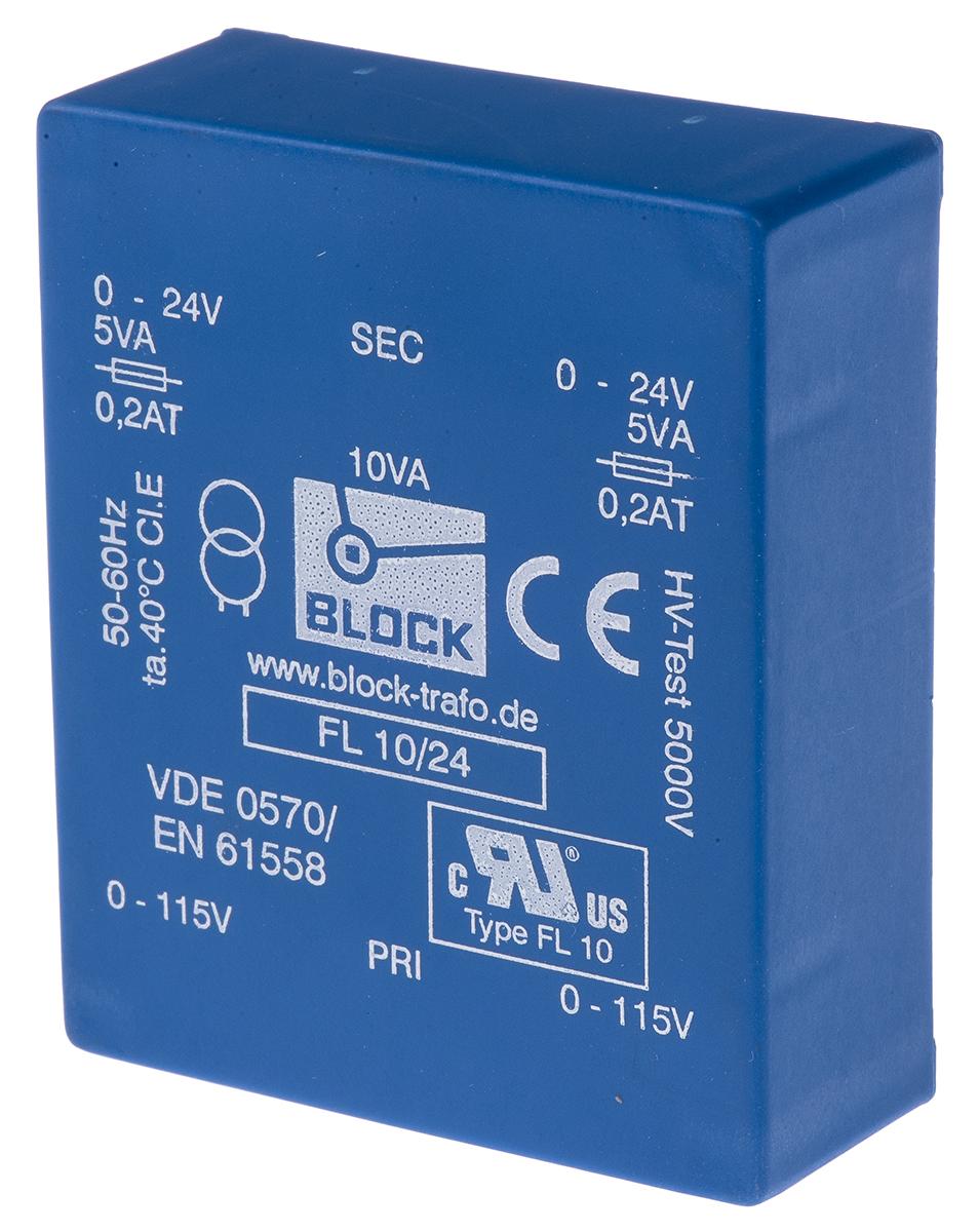 Block Printtrafo, Trafo 115V ac, 230V ac / 24V ac 10VA 2 Ausg. 68mm x 22.8mm x 57mm 280g Durchsteckmontage