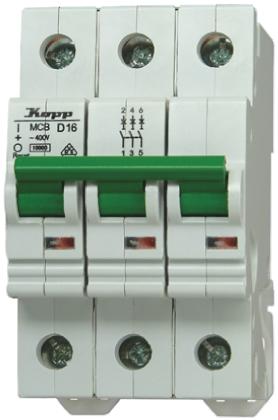 Produktfoto 1 von Kopp GREEN ELECTRIC MCB Leitungsschutzschalter Typ D, 3-polig 10A 230 → 400V, Abschaltvermögen 10 kA