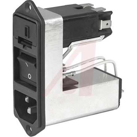 Produktfoto 1 von Schurter C14 IEC-Steckerfilter Stecker mit 2-Pol Schalter 5 x 20 mm, 6.3 x 32 mm Sicherung, 125 V ac, 250 V ac / 10A,