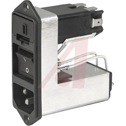 Produktfoto 1 von Schurter C14 IEC-Steckerfilter Stecker mit 2-Pol Schalter 5 x 20 mm, 6.3 x 32 mm Sicherung, 125 V ac, 250 V ac / 4A,