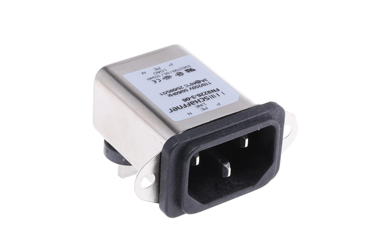 Produktfoto 1 von Schaffner IEC/EN 60939 IEC-Anschlussfilter Stecker , 250 V ac / 3A, Tafelmontage / Flachsteck-Anschluss