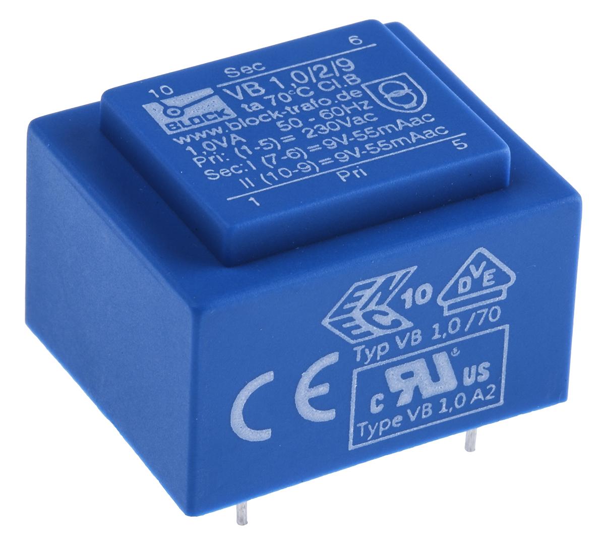 Block Printtrafo, Trafo 230V ac / 9V ac 1VA 2 Ausg. 32.3mm x 21.8mm x 27.3mm 72g Durchsteckmontage