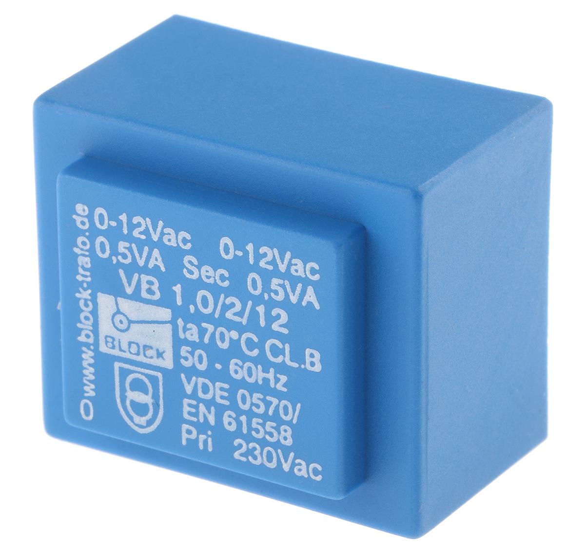 Block Printtrafo, Trafo 230V ac / 12V ac 1VA 2 Ausg. 41mm x 30.8mm x 35mm 72g Durchsteckmontage