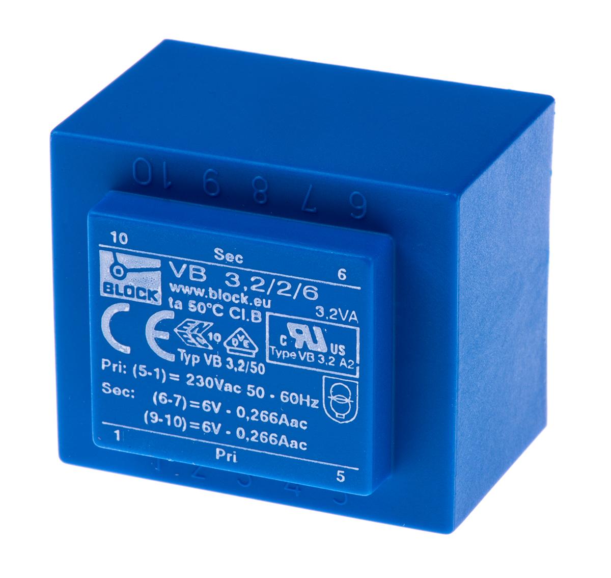 Block Printtrafo, Trafo 230V ac / 6V ac 3.2VA 2 Ausg. 41mm x 30.8mm x 35mm 173g Durchsteckmontage