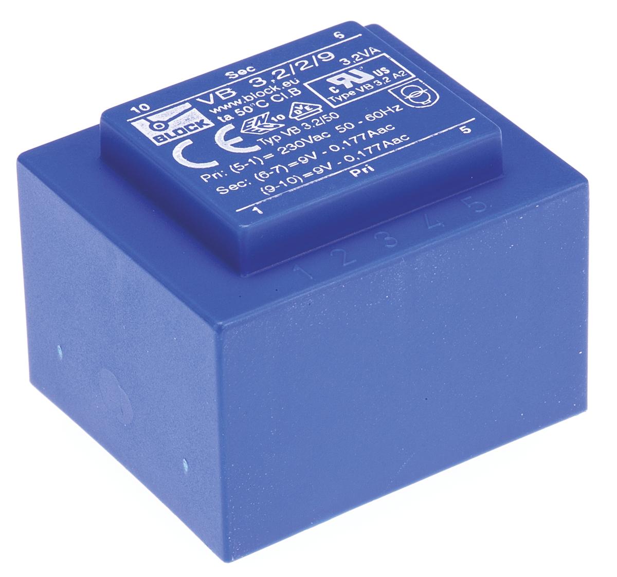 Block Printtrafo, Trafo 230V ac / 9V ac 3.2VA 2 Ausg. 41mm x 30.8mm x 35mm 173g Durchsteckmontage