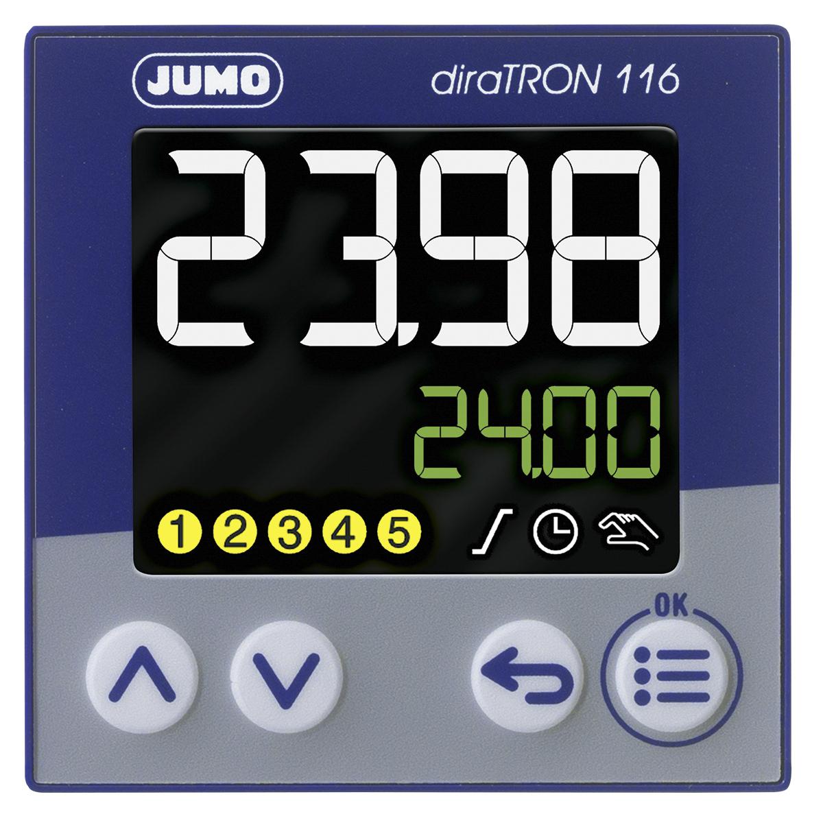 Jumo diraTRON PID Temperaturregler Panel-Montage, 3 x 2 Relais, 1 Logik Ausgang/ Analog, digital Eingang, 20 →