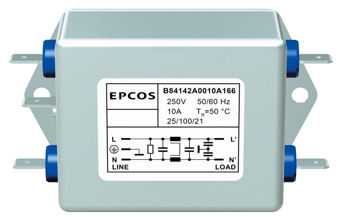 Produktfoto 1 von EPCOS B84142-A Entstörfilter, 250 V ac, 20A, Flanschmontage, Schraub, 1-phasig 7,9 mA / 60Hz Two Stage Zustände