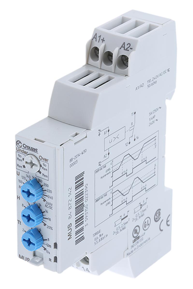 Produktfoto 1 von Crouzet MUS/MUSF Überwachungsrelais 65 → 260V ac/dc 1-phasig, 1-poliger Wechsler Überspannung, Unterspannung