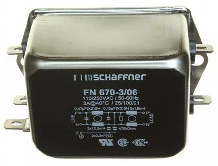 Produktfoto 1 von Schaffner FN670 Entstörfilter, 250 V ac, 3A, Gehäusemontage, 1-phasig 0,19 mA / DC → 400Hz Two Stage Zustände