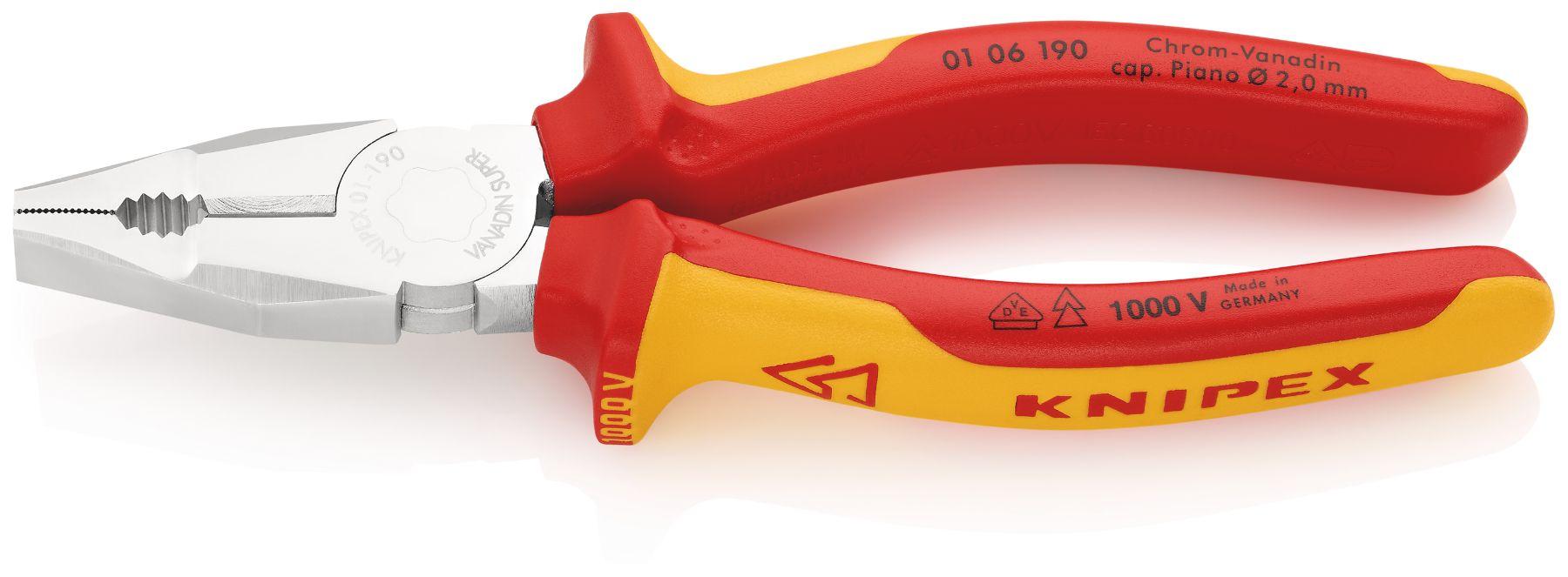 Produktfoto 1 von Knipex Kombizange, gebogen Schneidkraft → Harter Draht: 2,5 mm, Klavierdraht: 2 mm 195 mm VDE