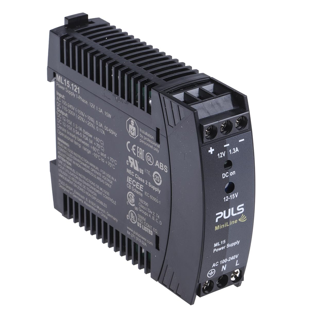 Produktfoto 1 von PULS MiniLine MLY Switch-Mode DIN-Schienen Netzteil 15W, 100 → 240V ac, 12V dc / 1.3A