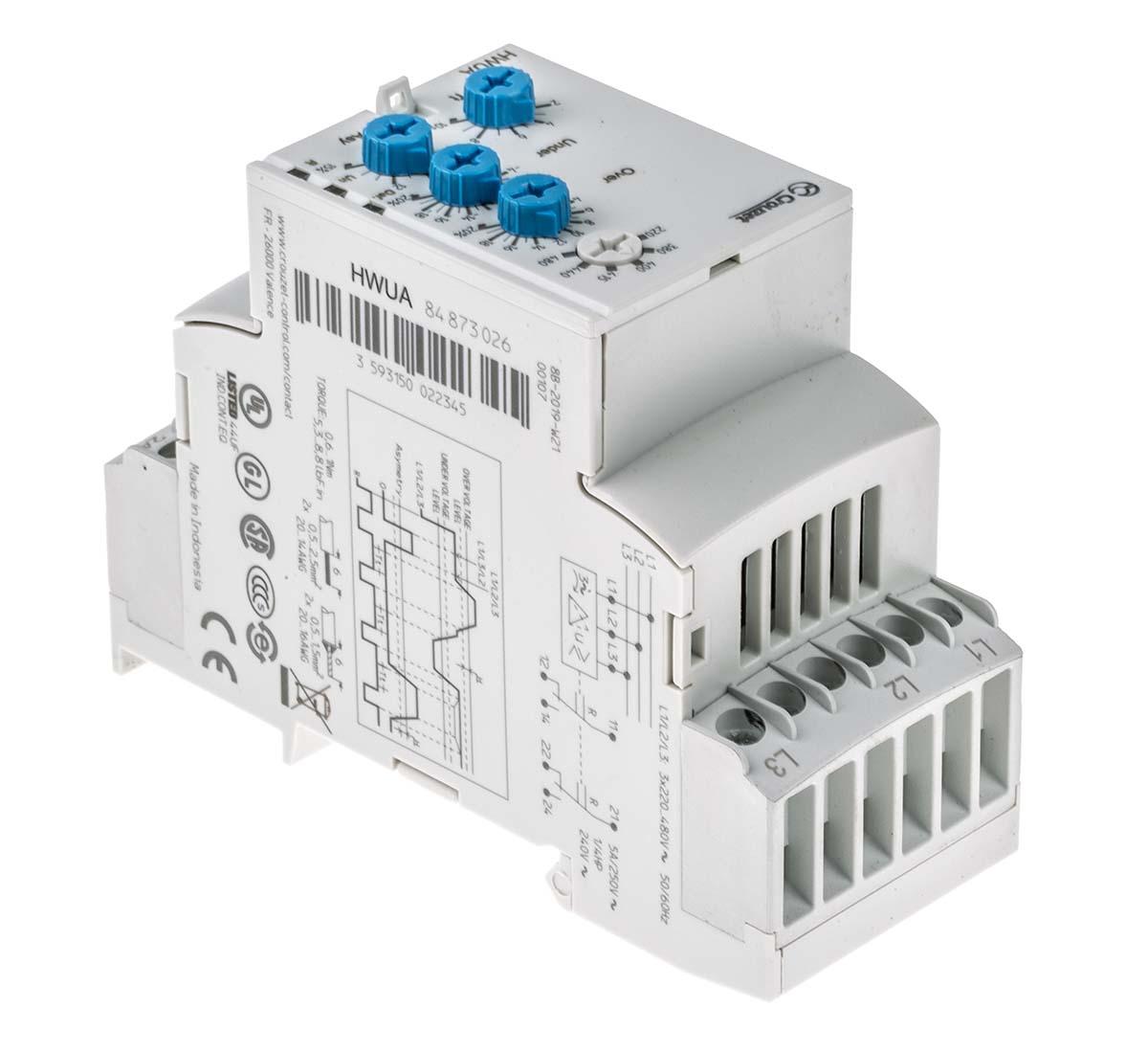 Produktfoto 1 von Crouzet HWUA Überwachungsrelais, für Phase, Spannung 194 → 528 V 3-phasig, 2-poliger Wechsler Überspannung,