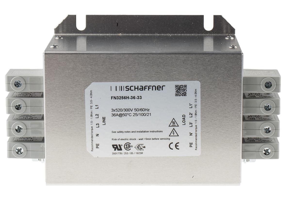 Produktfoto 1 von Schaffner FN3256 EMV-Filter, 480 Vac, 36A, Gehäusemontage 11.3W, Drahtanschluss, 3-phasig 1 mA / 60Hz Single Stage