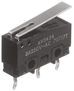 Produktfoto 1 von Panasonic Mikroschalter Scharnierhebel-Betätiger PCB, 3 A @ 250 V ac, 1-poliger Wechsler 0,34 N -25°C - +85°C