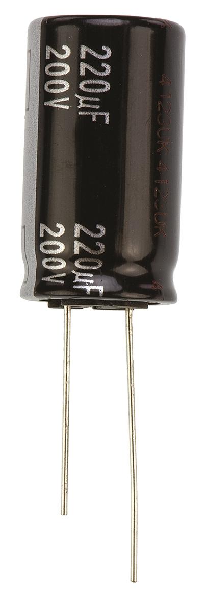 Produktfoto 1 von Panasonic EE RADIAL, THT Aluminium-Elektrolyt Kondensator 220μF ±20% / 200V dc, Ø 18mm x 31.5mm, bis 105°C