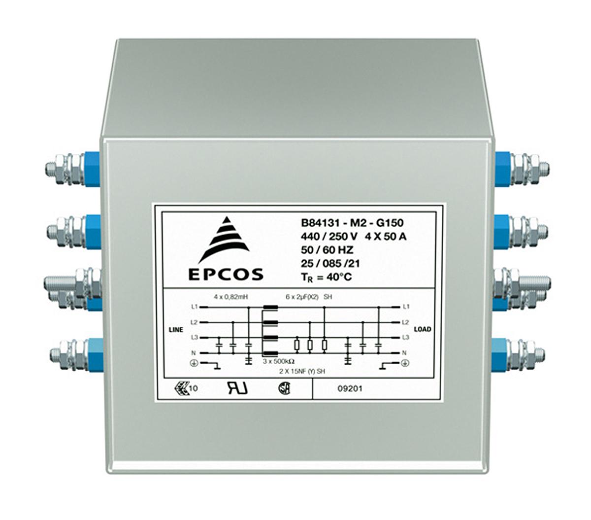 EPCOS B84131 Entstörfilter, 250 V ac, 440 V ac, 35A, Flanschmontage, Schraub, 3-phasig 0,064 mA / 50 → 60Hz