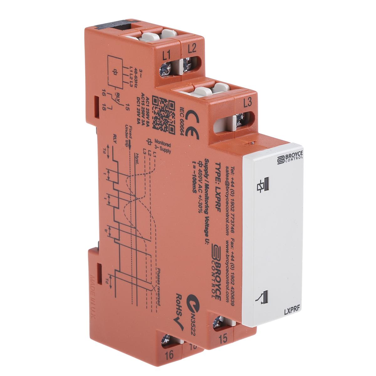 Broyce Control L Überwachungsrelais, für Phase, Spannung 280 → 520V ac 3-phasig, 1-poliger Wechsler