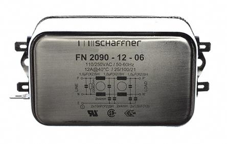 Produktfoto 1 von Schaffner FN2090 Entstörfilter, 250 V ac, 12A, Flanschmontage 12.1W, Flachstecker, 1-phasig 1,02 mA / 0 → 400Hz