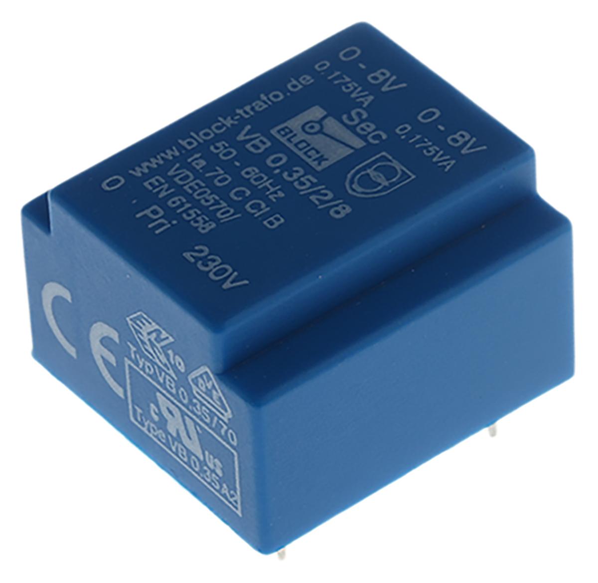 Block Printtrafo, Trafo 230V ac / 8V ac 0.35VA 2 Ausg. 22mm x 15mm x 22.7mm 24g Durchsteckmontage