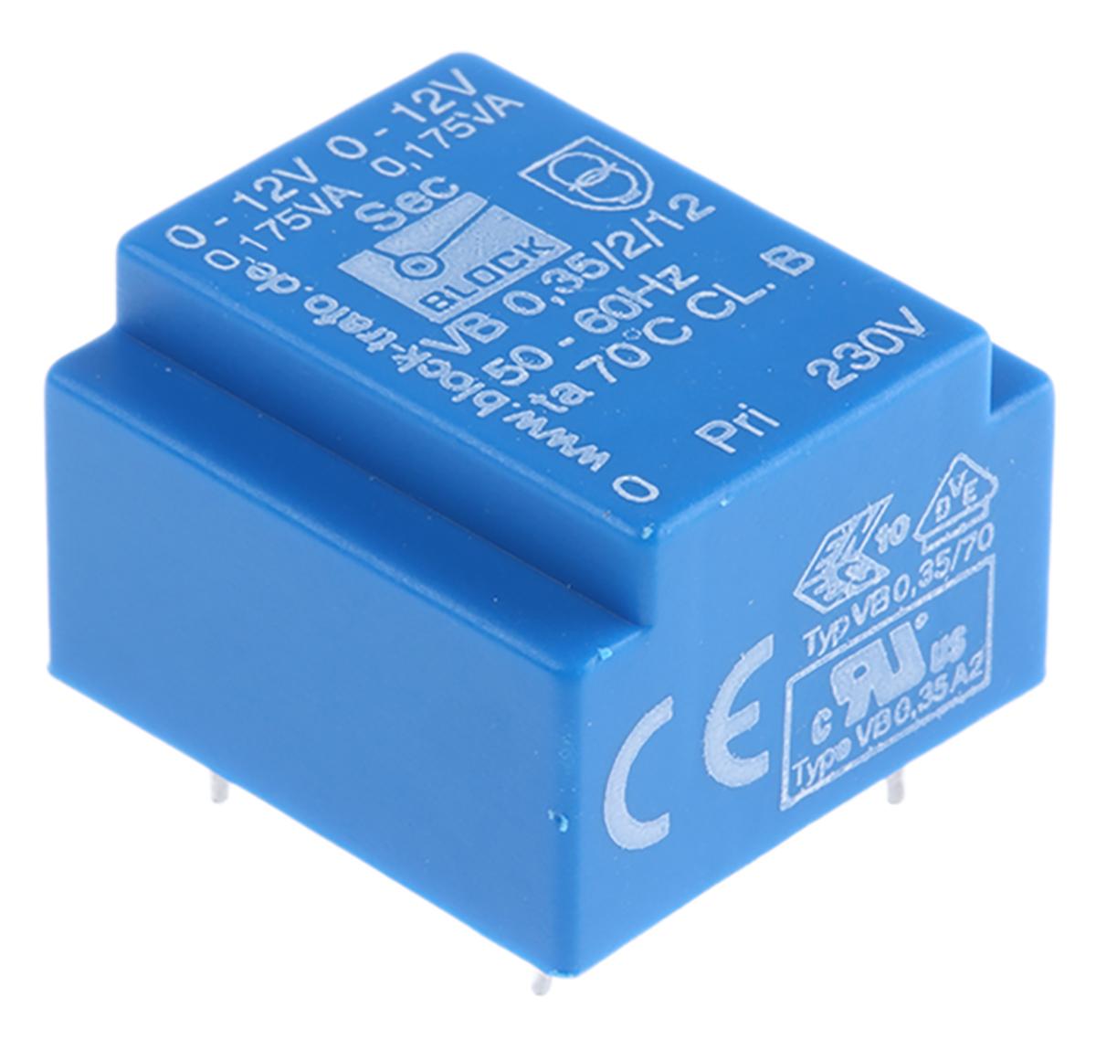 Block Printtrafo, Trafo 230V ac / 12V ac 0.35VA 2 Ausg. 22mm x 15mm x 22.7mm 24g Durchsteckmontage