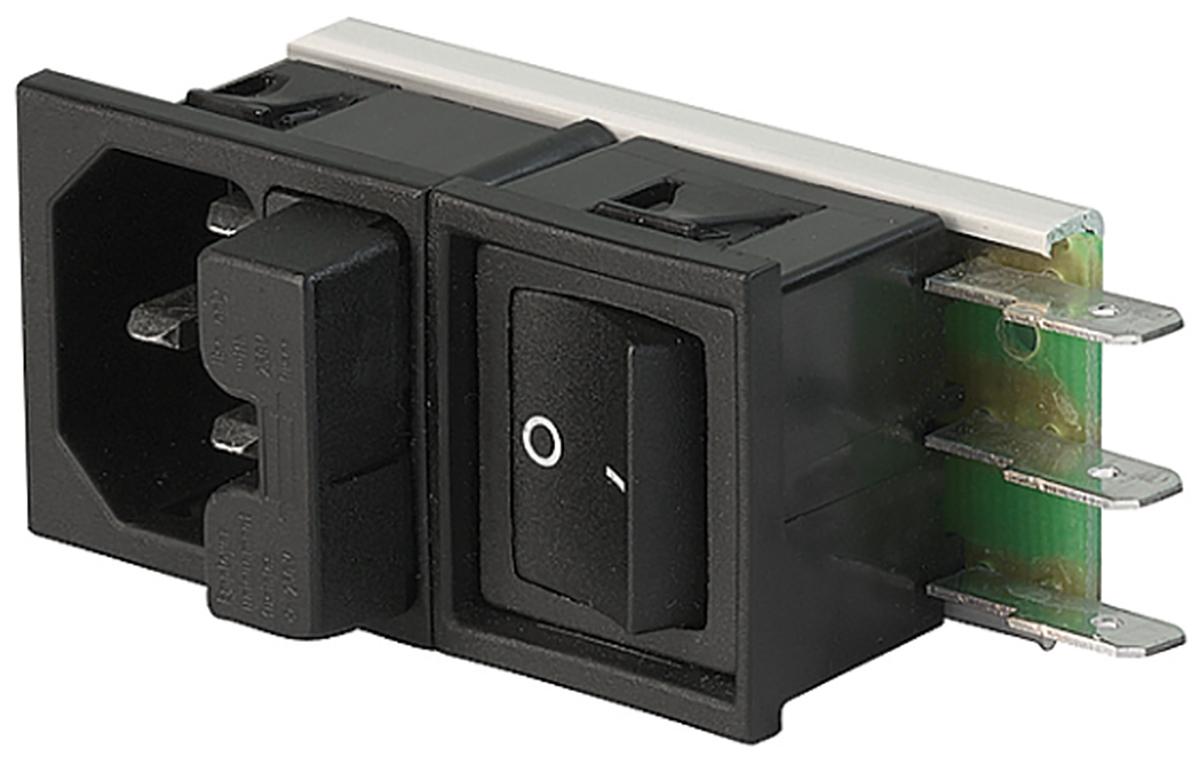 Produktfoto 1 von Schurter IEC-Steckverbinder C14 125 V, 250 V, Gerade, Snap-In, Stecker, 2 Sicherung/en / 10A, Steckverbinder, 2-polig