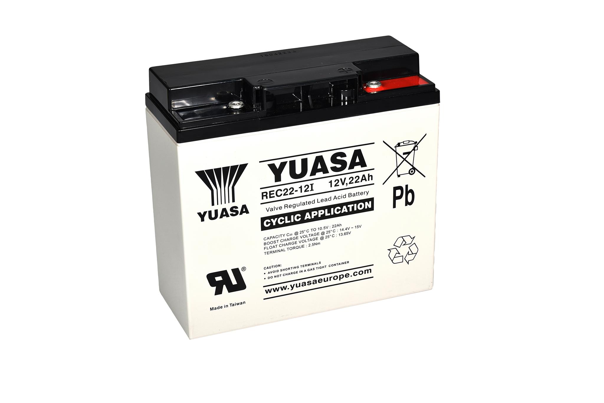 Produktfoto 1 von Yuasa YUASA REC Abgedichteter Bleiakku, 12V / 22Ah, Einsatz M5-Anschluss, 181 x 76.2 x 167mm