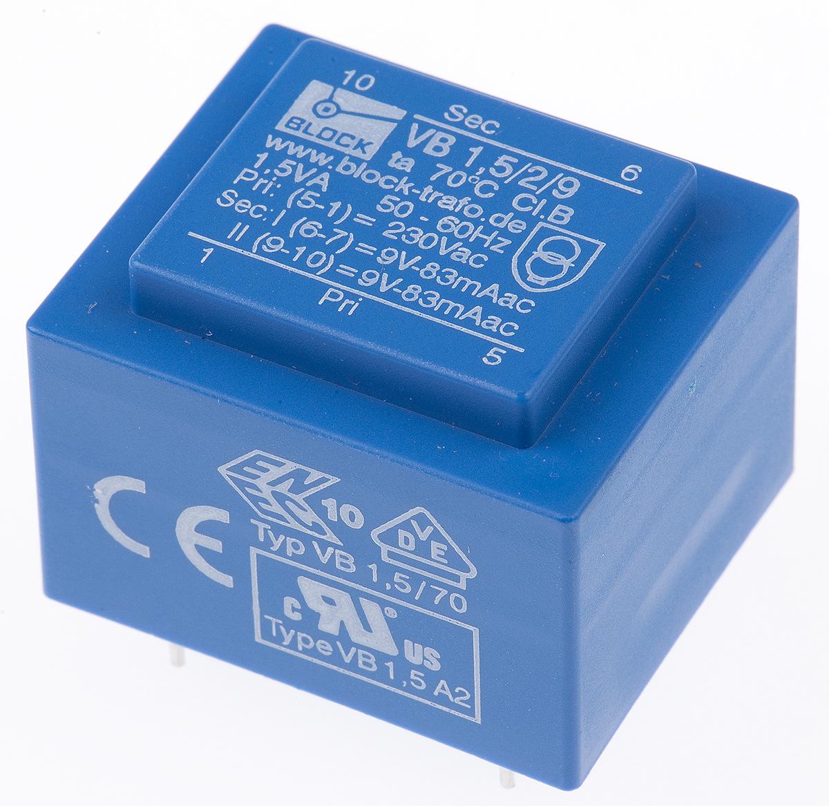 Block Printtrafo, Trafo 230V ac / 9V ac 1.5VA 2 Ausg. 32.3mm x 21.8mm x 27.3mm 84g Durchsteckmontage