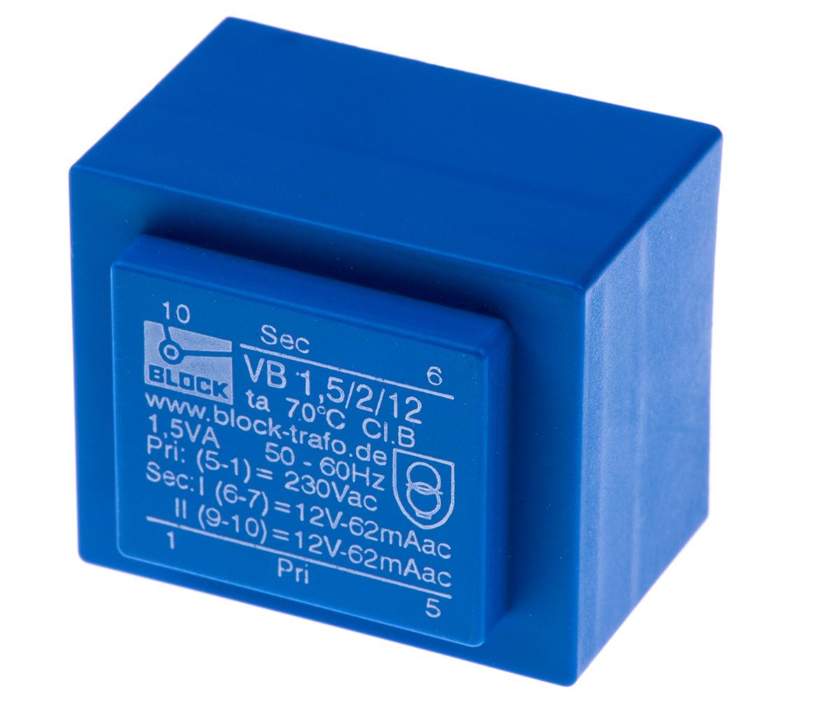 Block Printtrafo, Trafo 230V ac / 12V ac 1.5VA 2 Ausg. 32.3mm x 21.8mm x 27.3mm 84g Durchsteckmontage