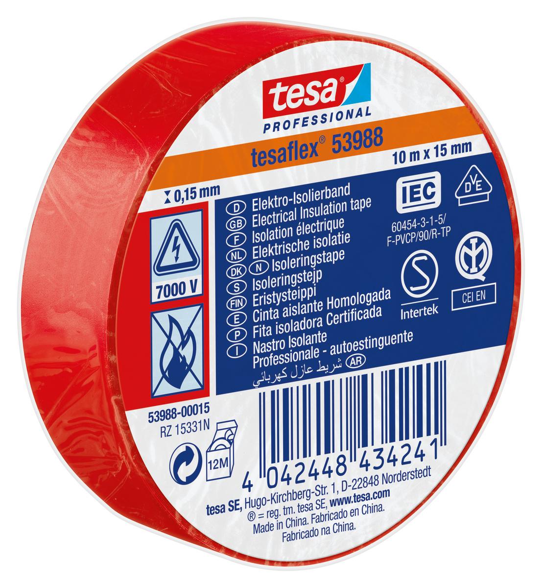 Tesa SPVC ELECTRICAL Isolierband, PVC Rot, 0.15mm x 15mm x 10m