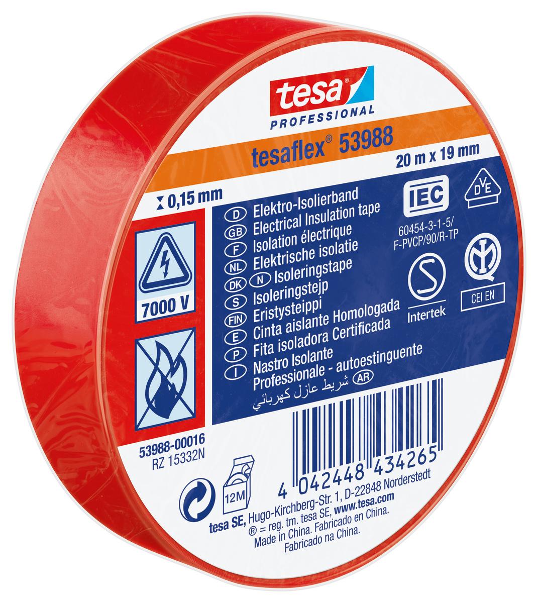 Tesa SPVC ELECTRICAL Isolierband, PVC Rot, 0.15mm x 19mm x 20m