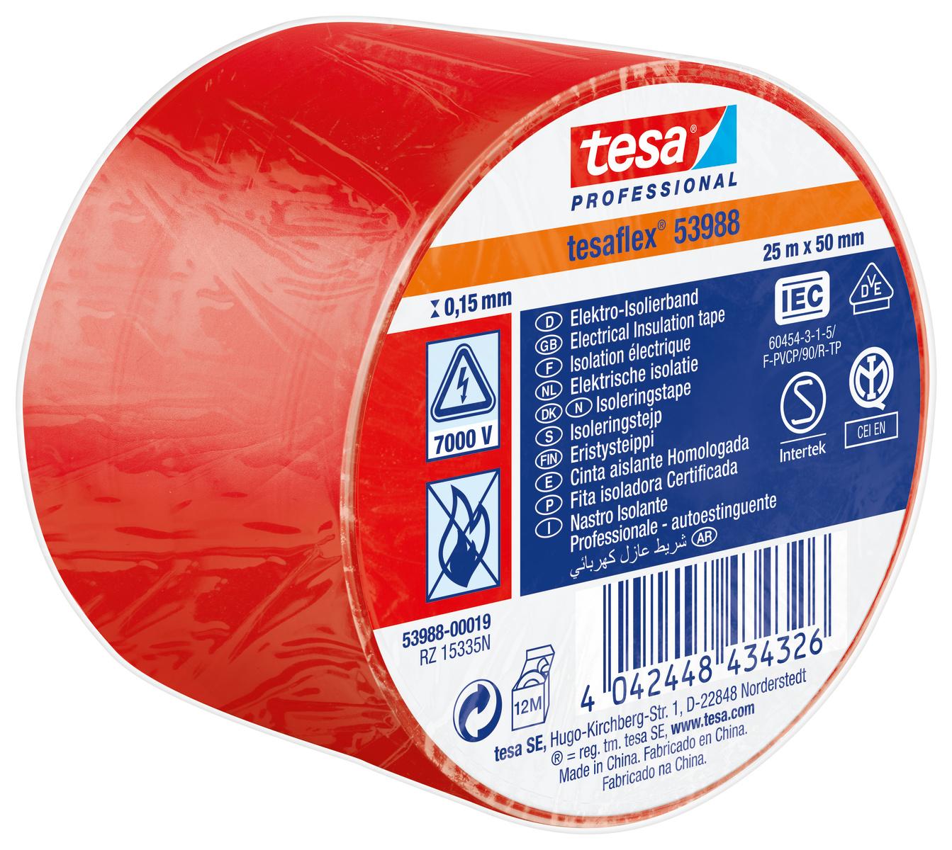 Produktfoto 1 von Tesa SPVC ELECTRICAL Isolierband, PVC Rot, 0.15mm x 50mm x 25m