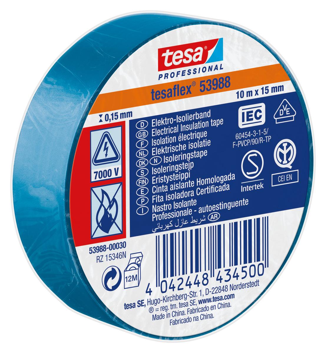 Produktfoto 1 von Tesa SPVC ELECTRICAL Isolierband, PVC Blau, 0.15mm x 15mm x 10m