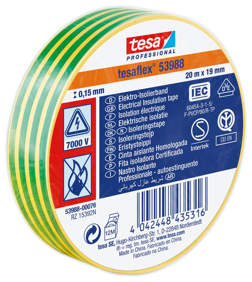 Tesa SPVC ELECTRICAL Isolierband, PVC Grün/Gelb, 0.15mm x 19mm x 20m