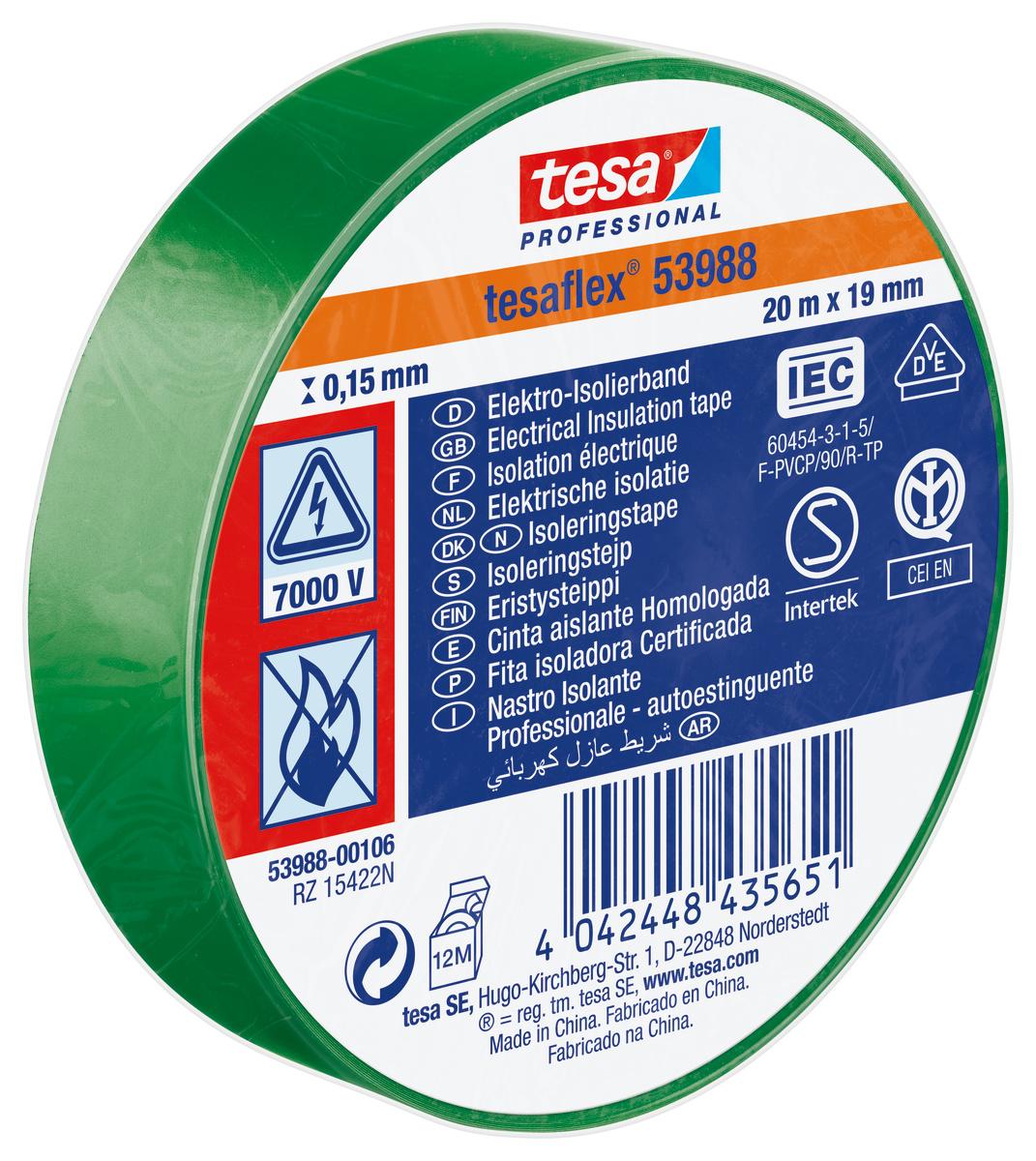 Tesa SPVC ELECTRICAL Isolierband, PVC Grün, 0.15mm x 19mm x 20m