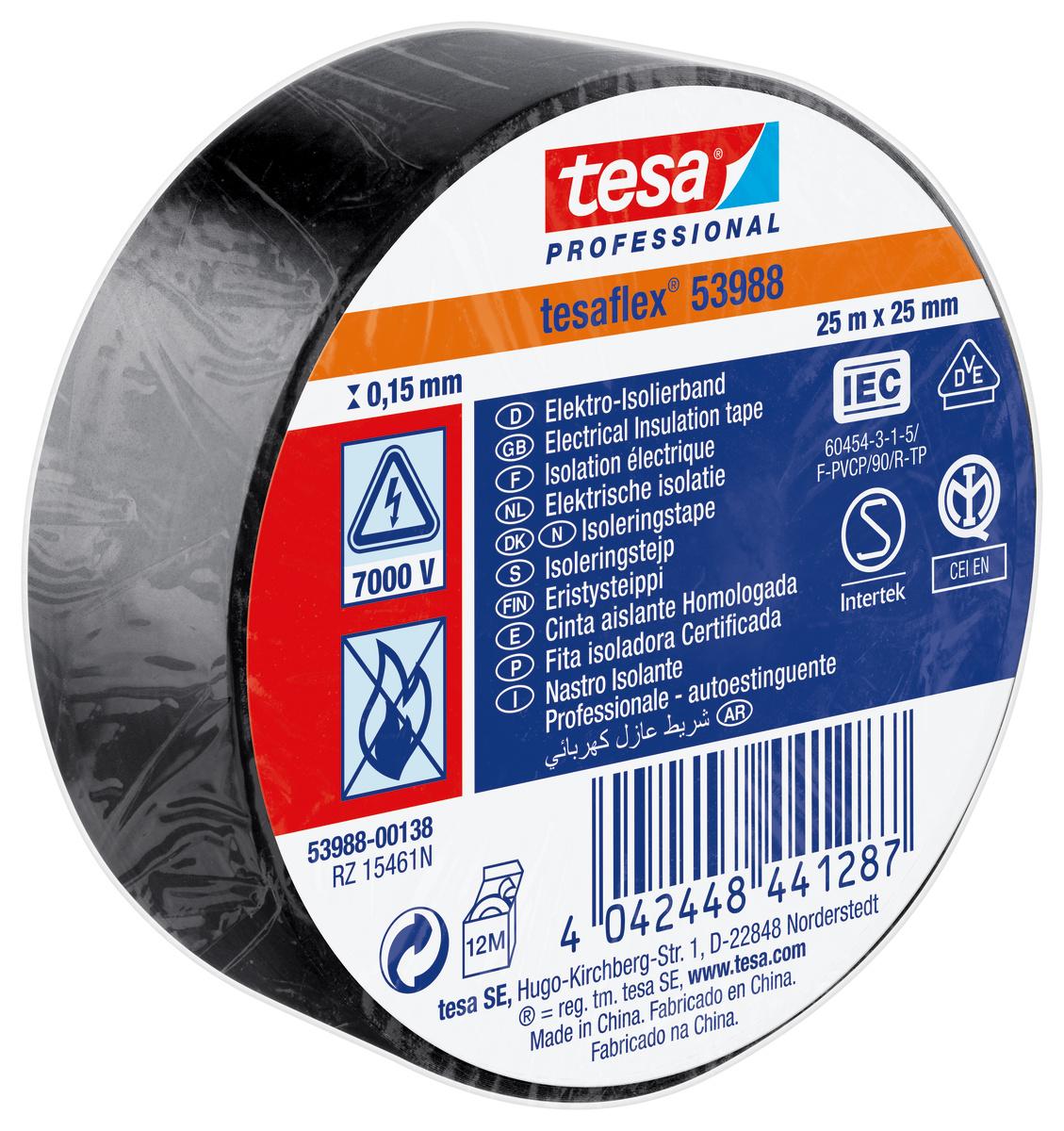 Tesa SPVC ELECTRICAL Isolierband, PVC Schwarz, 0.15mm x 25mm x 25m