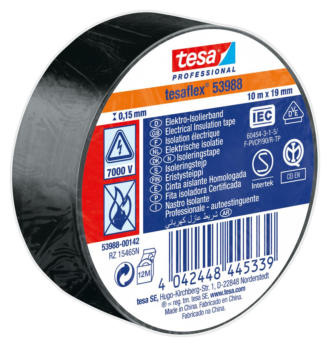 Produktfoto 1 von Tesa SPVC ELECTRICAL Isolierband, PVC Schwarz, 0.15mm x 19mm x 10m