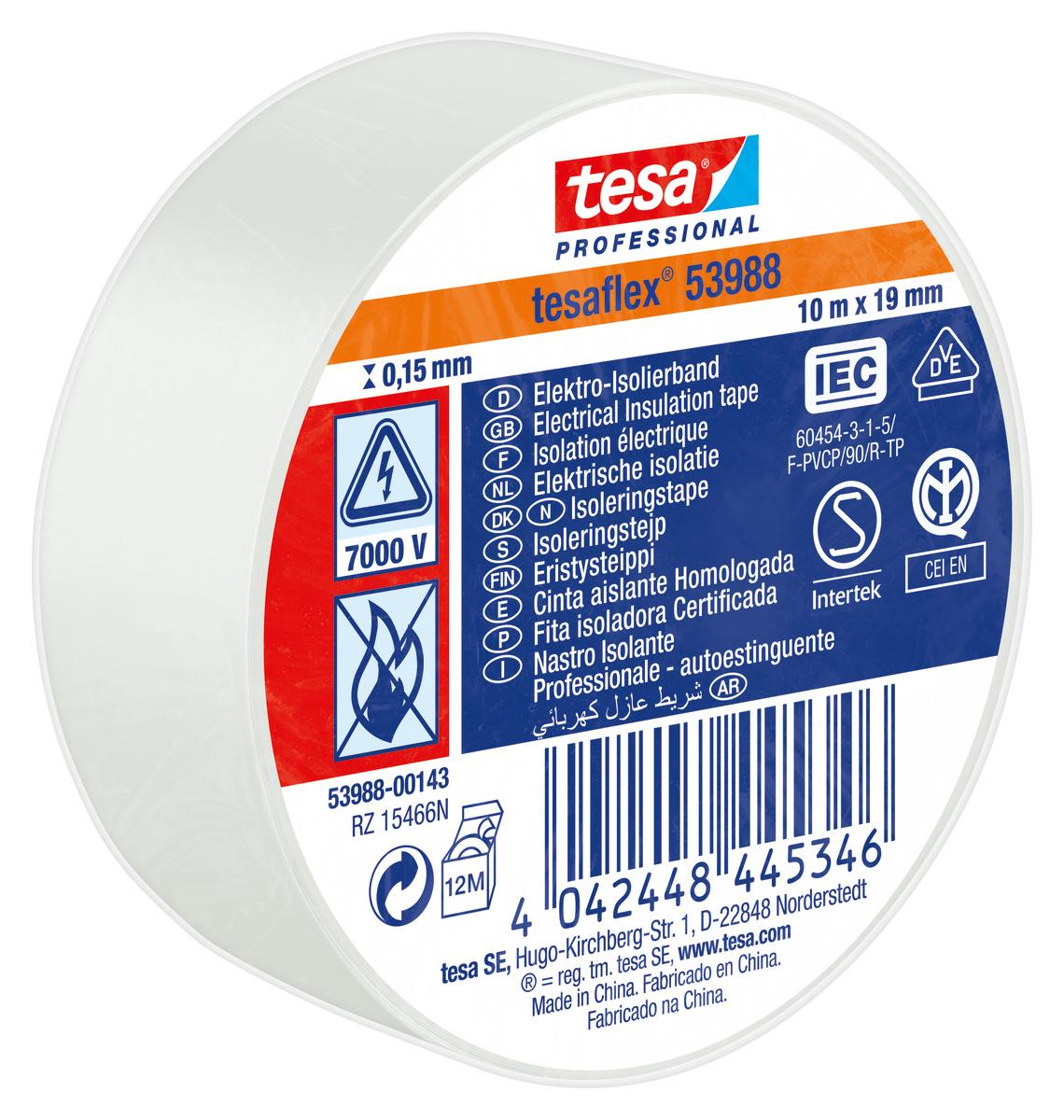 Tesa SPVC ELECTRICAL Isolierband, PVC Weiß, 0.15mm x 19mm x 10m