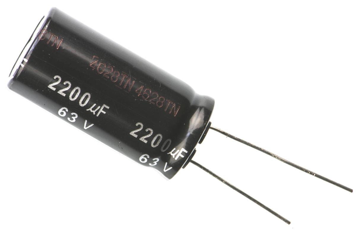 Produktfoto 1 von Panasonic NHG, THT Aluminium-Elektrolyt Kondensator 2200μF ±20% / 63V dc, Ø 18mm x 35.5mm, bis 105°C