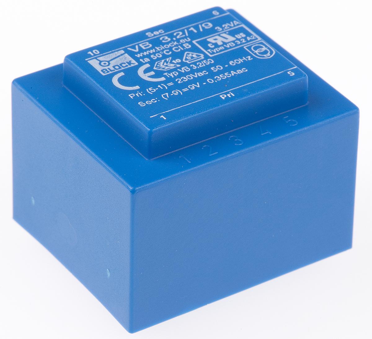 Block Printtrafo, Trafo 230V ac / 9V ac 3.2VA 1 Ausg. 41mm x 35mm x 30.8mm 170g Durchsteckmontage