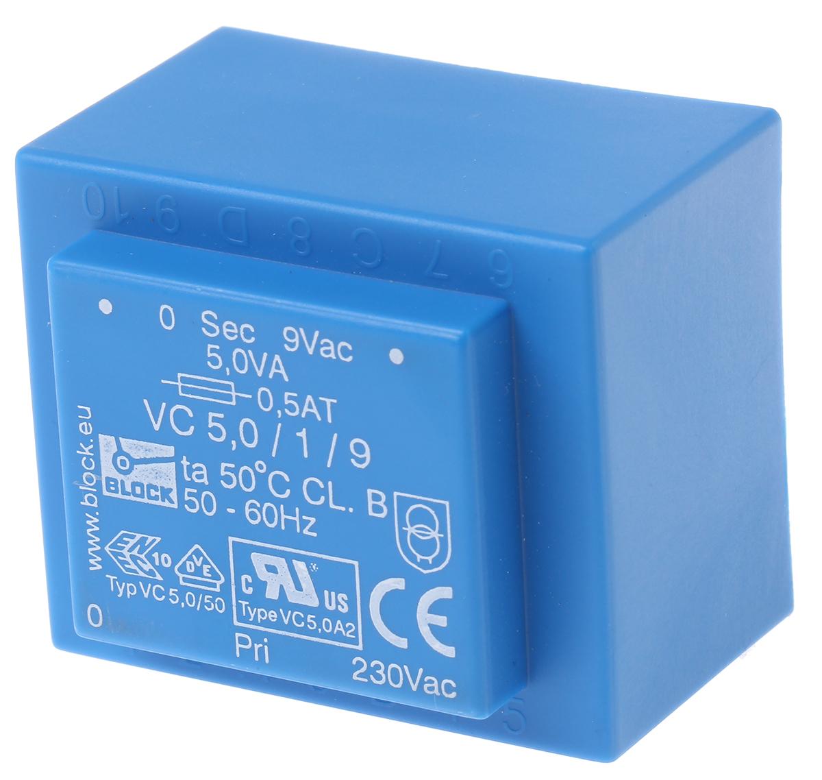 Block Printtrafo, Trafo 230V ac / 9V ac 5VA 1 Ausg. 44mm x 37mm x 33mm 190g Durchsteckmontage