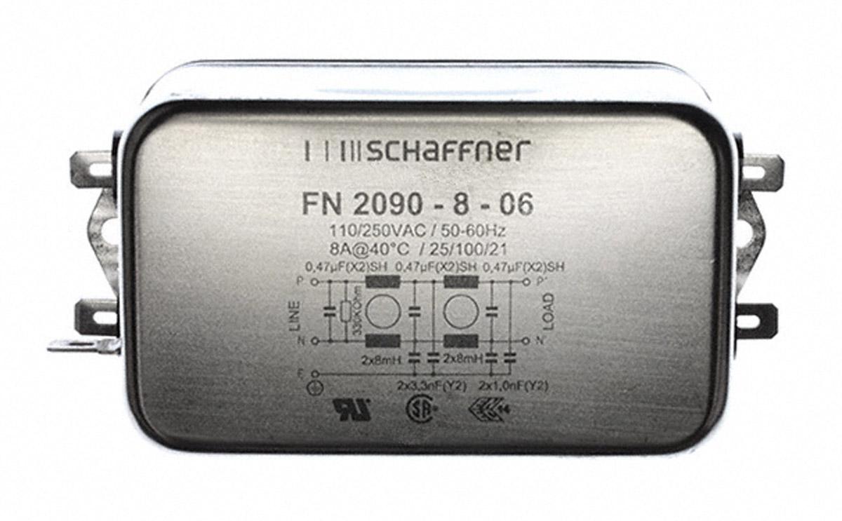 Schaffner FN2090 Entstörfilter, 250 V ac, 8A, Flanschmontage 7.7W, Flachstecker, 1-phasig 0,67 mA / 0 → 400Hz