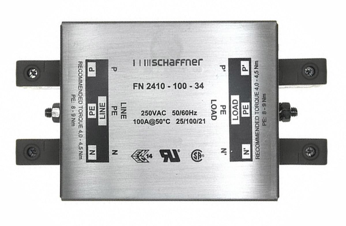 Schaffner FN2410 Entstörfilter, 250 V ac, 100A, Gehäusemontage 15.4W, Schraub, 1-phasig 3,4 mA / 400Hz Single Stage