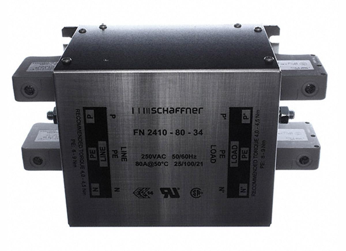 Schaffner FN2410H Entstörfilter, 520 V ac, 80A, DIN-Schiene 9.9W, Schraub, 2-phasig 3,4 mA / 250Hz Single Stage Zustände