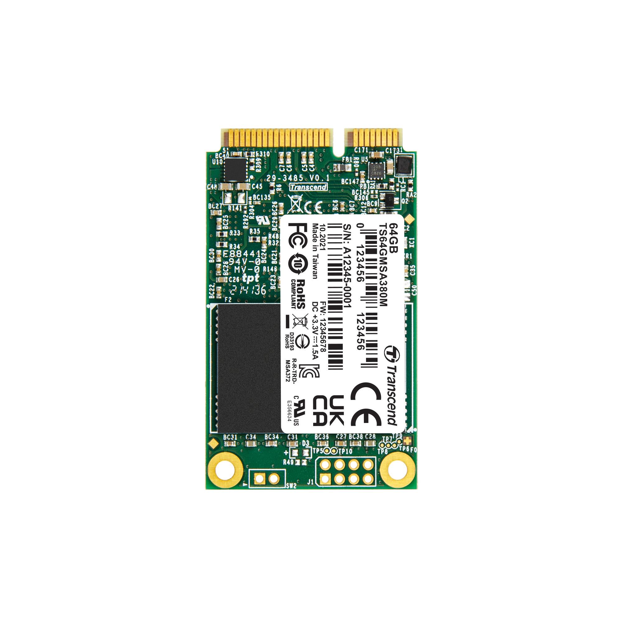 Produktfoto 1 von Transcend MSA380M., mSATA Intern SSD-Laufwerk SATA III Industrieausführung, MLC, 64 GB, SSD