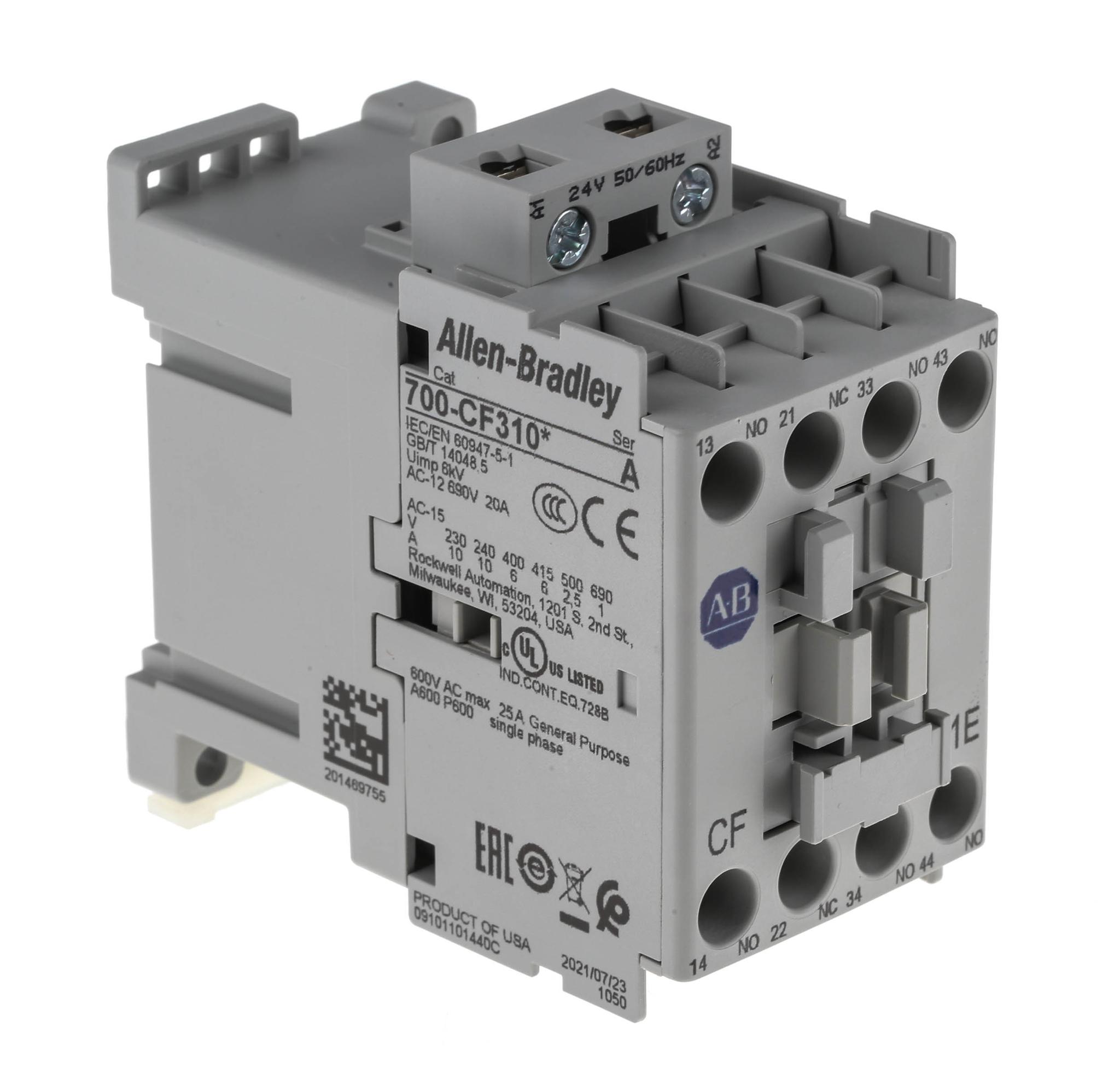 Produktfoto 1 von Allen Bradley Serie 700 700C Leistungsschütz / 24 Vac Spule, 4 -polig 3 Schließer + 1 Öffner, 400 Vac / 10 A