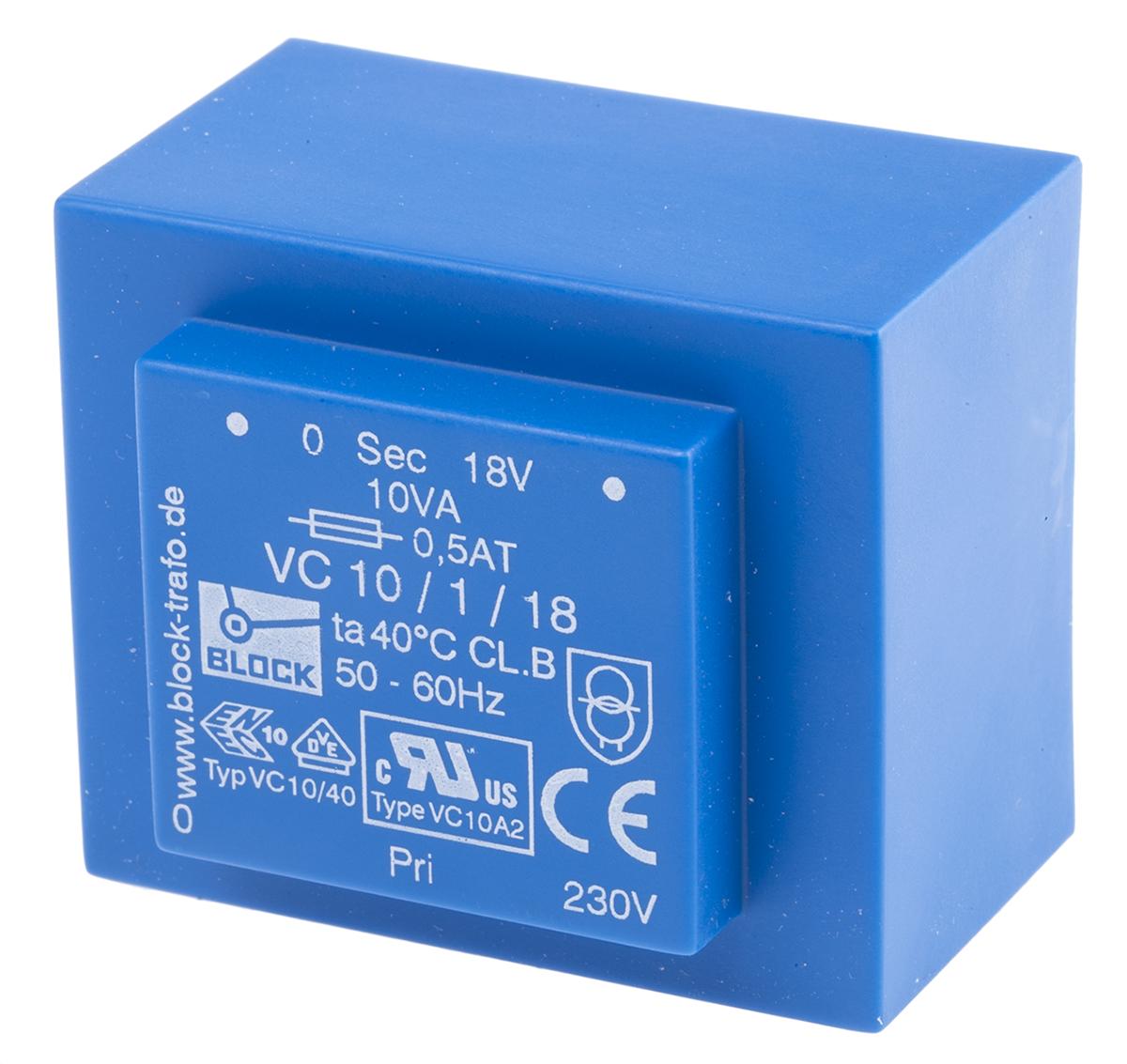 Block Printtrafo, Trafo 230V ac / 18V ac 10VA 1 Ausg. 51mm x 43mm x 34.6mm 280g Durchsteckmontage