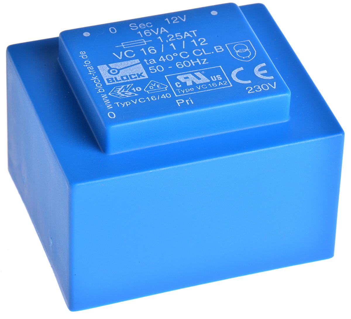 Block Printtrafo, Trafo 230V ac / 12V ac 16VA 1 Ausg. 57mm x 48mm x 39mm 420g Durchsteckmontage