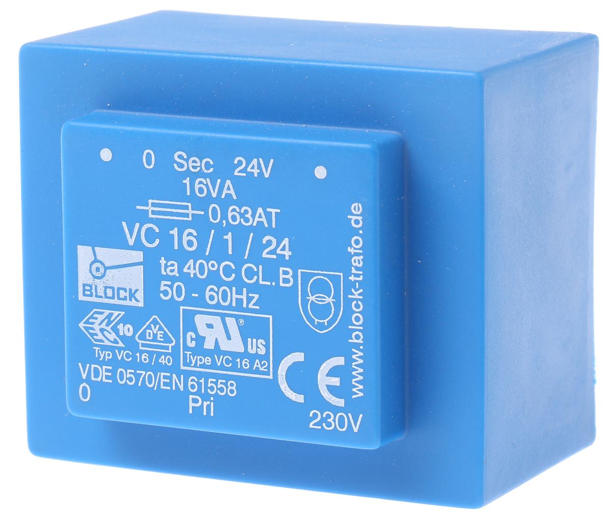 Block Printtrafo, Trafo 230V ac / 24V ac 16VA 1 Ausg. 57mm x 48mm x 39mm 420g Durchsteckmontage