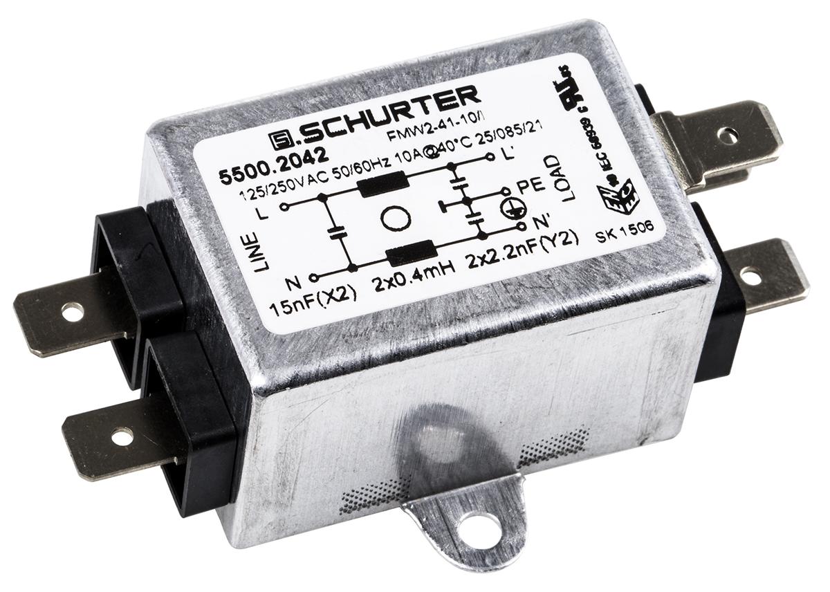 Produktfoto 1 von Schurter FMW2 Entstörfilter, 250 V ac, 10A, Flanschmontage, Lötanschluss, 1-phasig 0,25 mA / 60Hz Single Stage Zustände